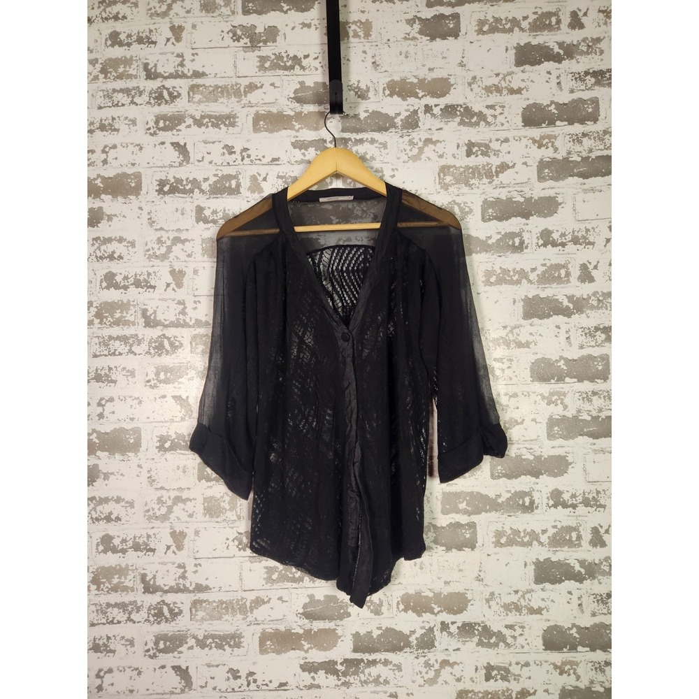 Gothic Witchy Sheer Lace Button Down Shirt‎ Medium Black Edgy Boho Silk Blend